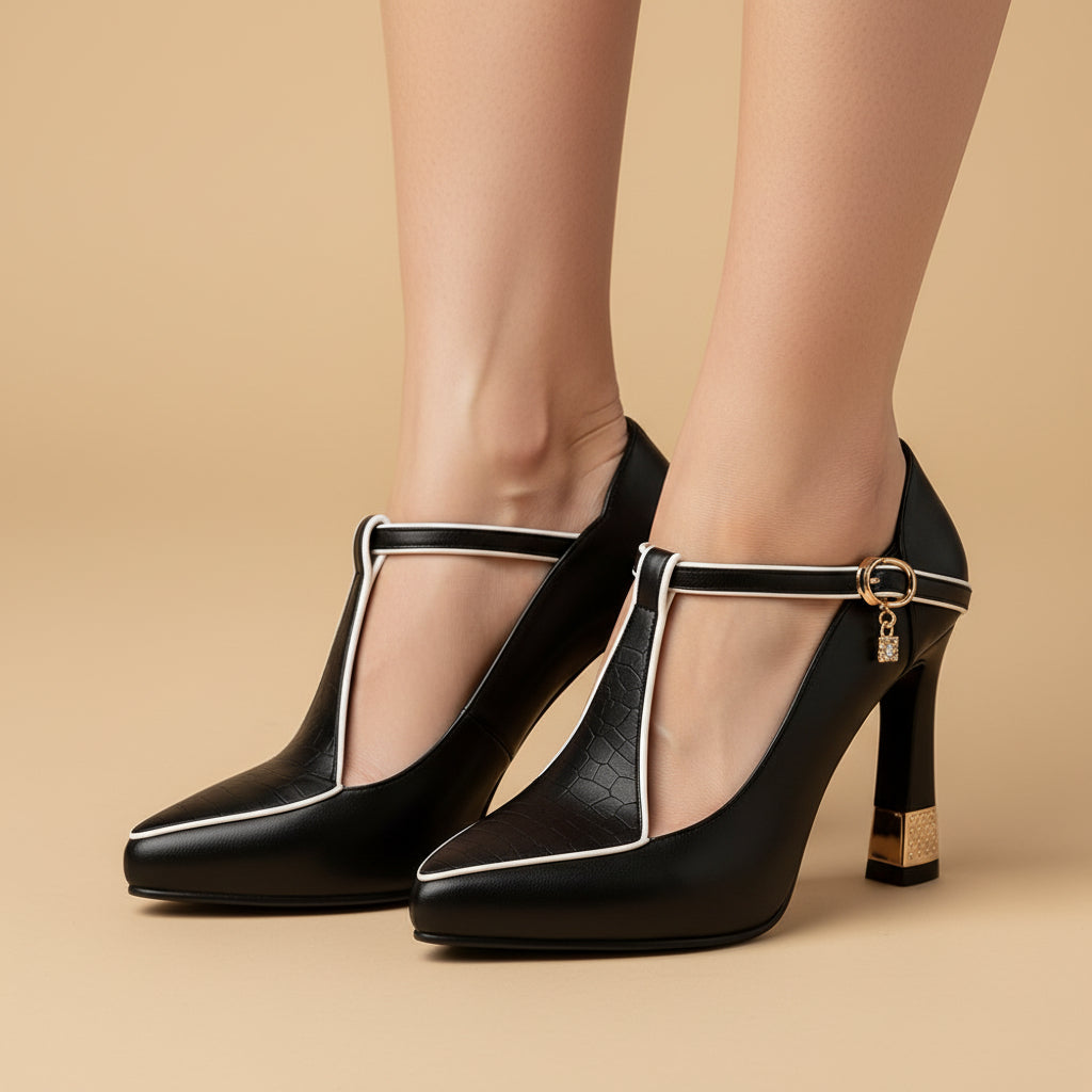 Rebeca | Szpilki z paskiem typu T, klamrą i złotym akcentem